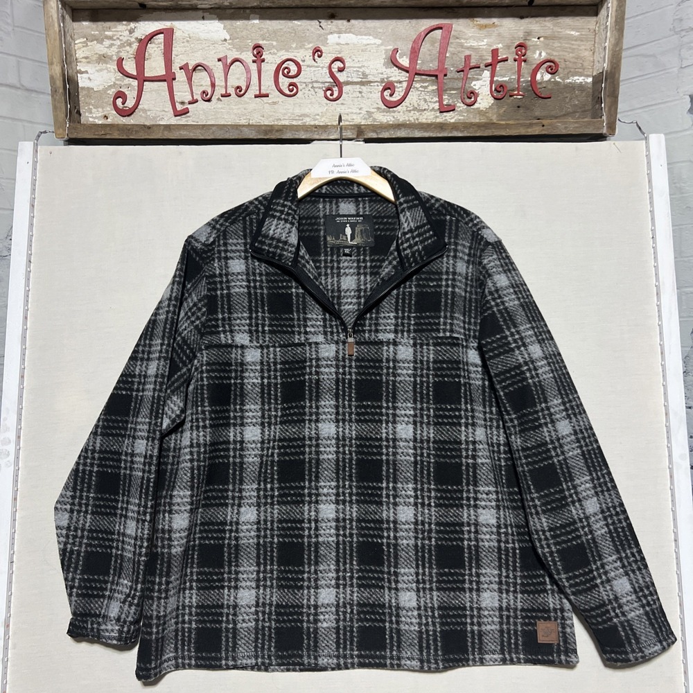 John Wayne Stock & Supply 1/4 Zip Fleece Pullover Men's Size XXL Blk/Gray Plaid